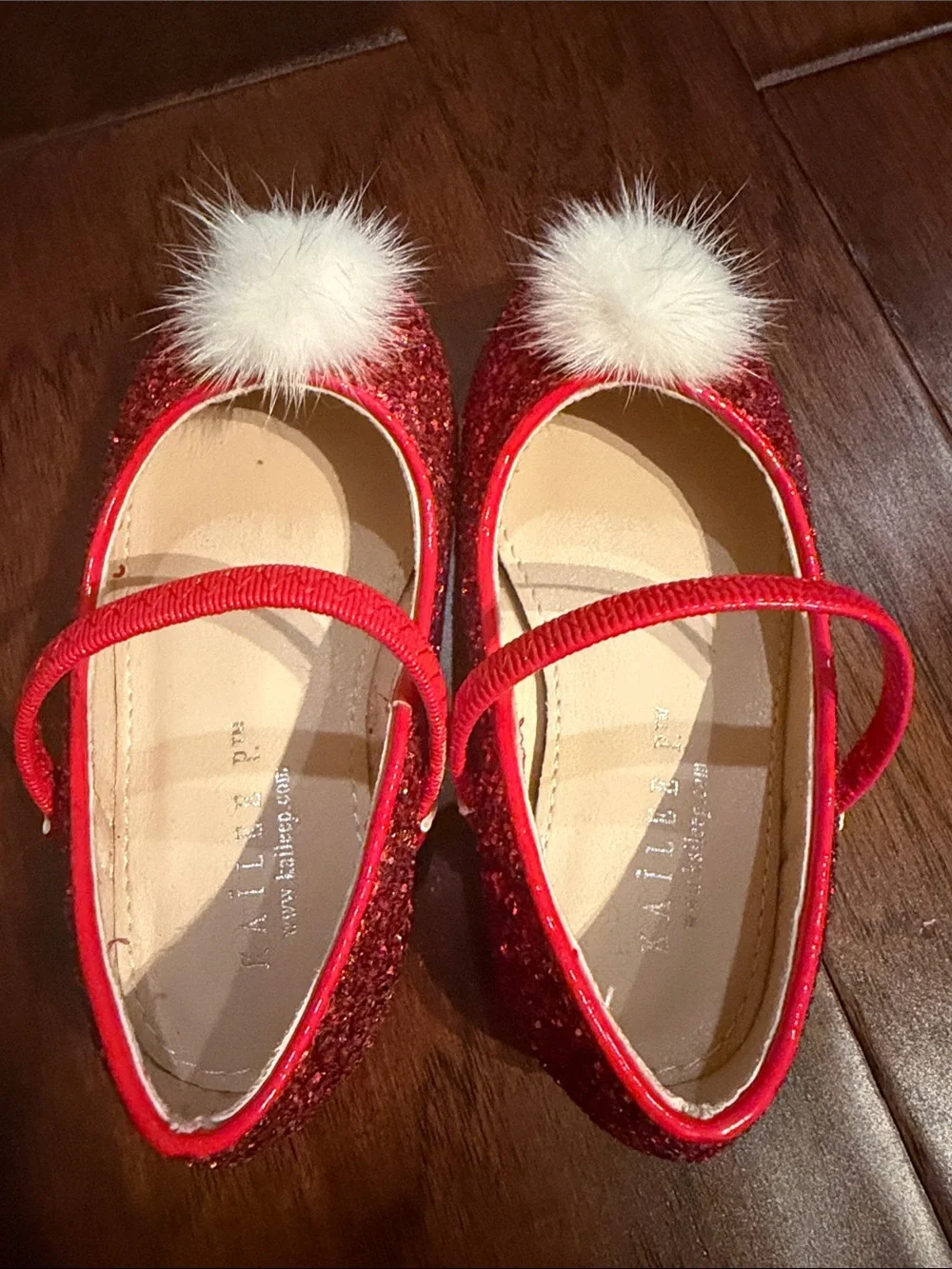 Girls Red Glitter Mary Jane Dress Shoes with White Pom Accent